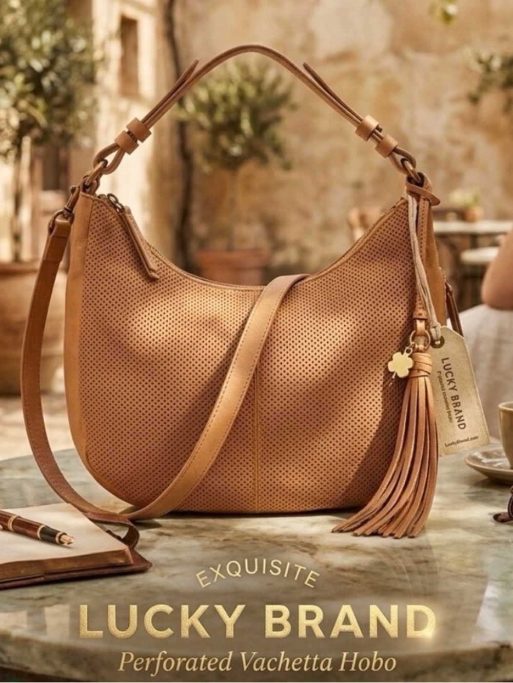 Lucky Brand Ebon Perforated Hobo Bag in Tan Genuine Leather